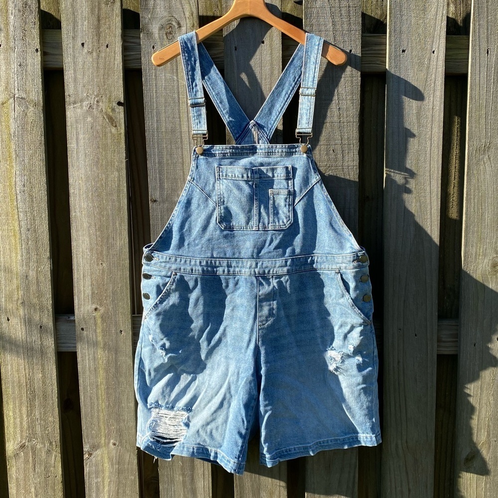 Lane Bryant Boyfriend Short Overalls - Destructed Light Wash